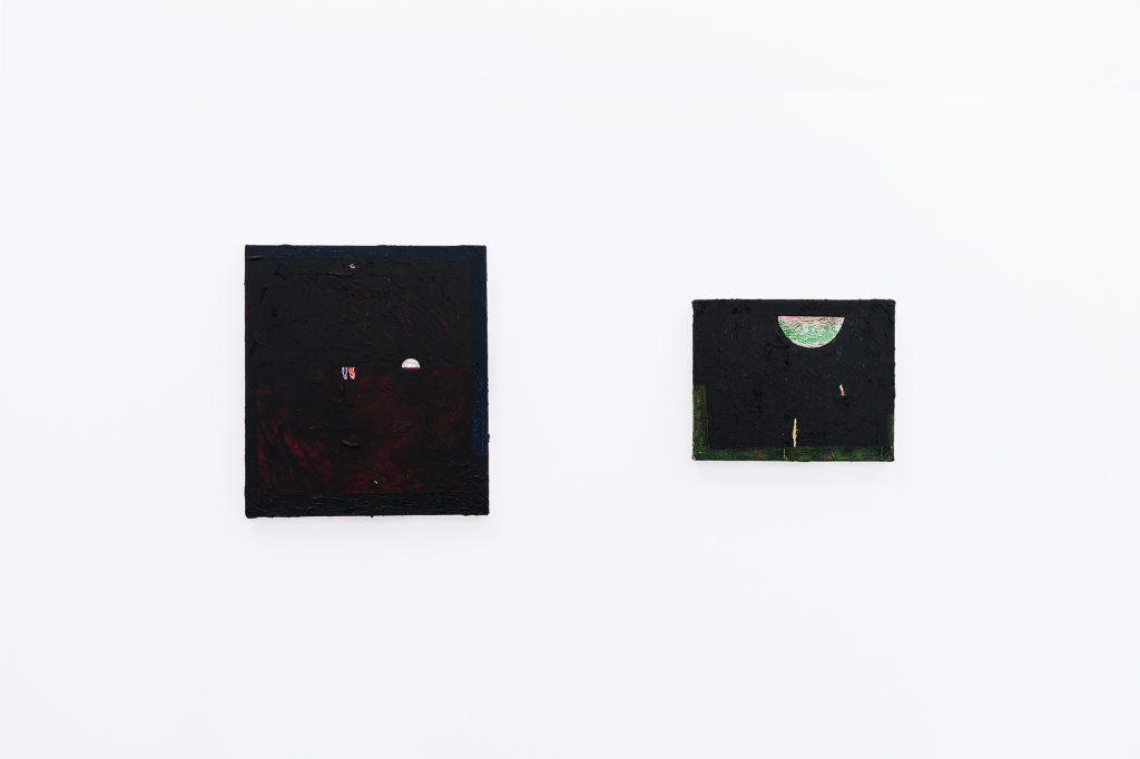 install shots of two paintings from exhibition the turning worm