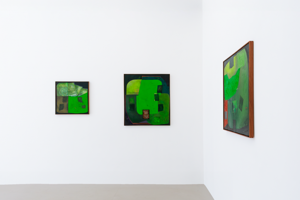 install shot from turning worm exhibition showing three paintings