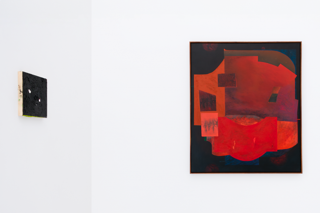 installation shot showing two paintings from the Turning Worm Exhibition